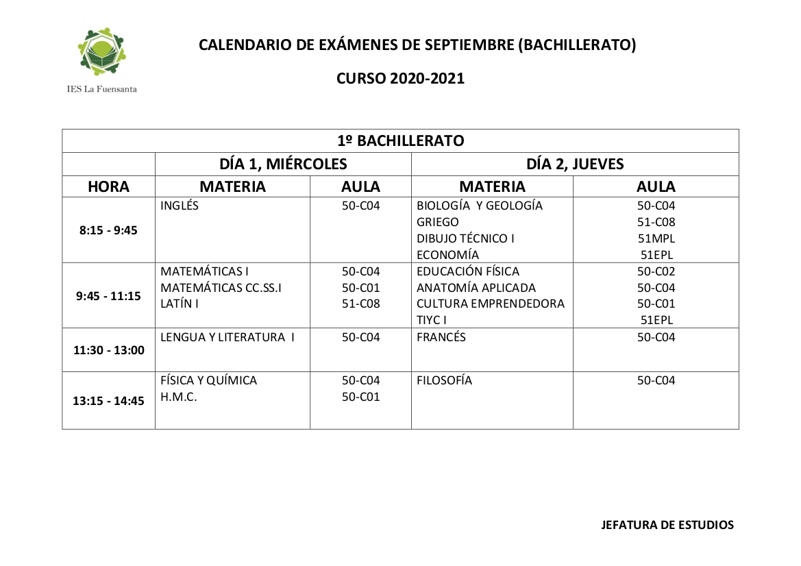 Calendario Examenes septiembre BACH 20 21