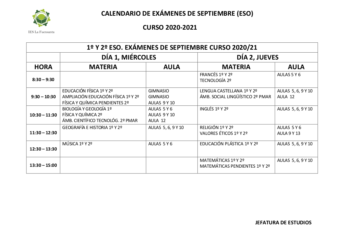 Calendario Examenes septiembre ESO 20 21