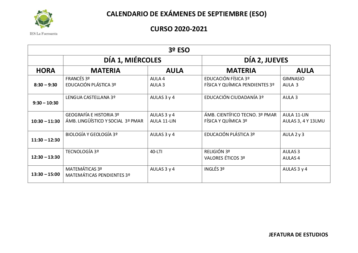 Calendario Examenes septiembre ESO 20 21 V1 2