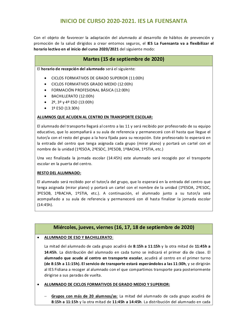 Nota informativa inicio de curso