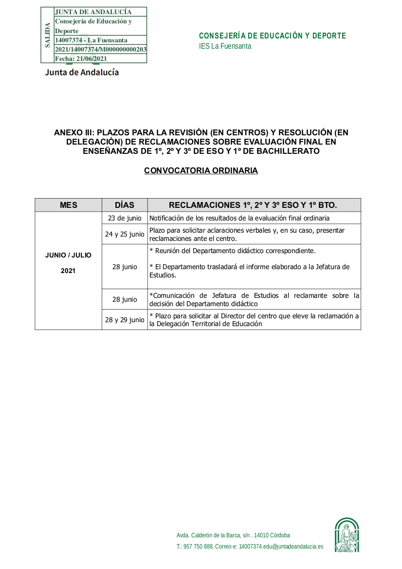 Anexo III Plazos de revisión y reclamación de 1º 2º 3º ESO y 1º Bto2
