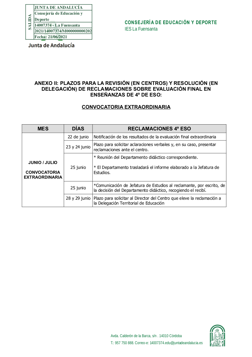 Anexo II plazos de revisión y resolución de 4º ESO convocatoria extraordinaria