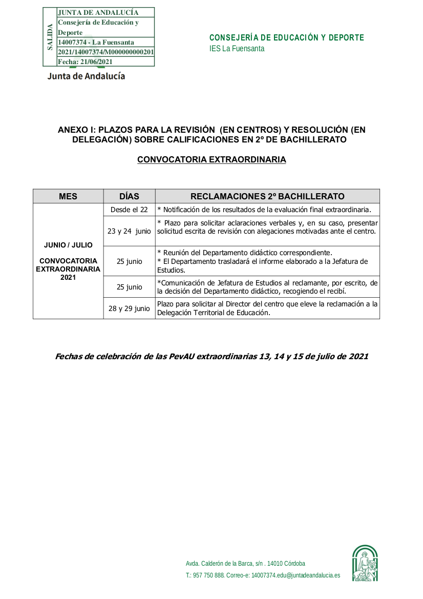 Plazos de revisión y resolución de 2º bachillerato convocatoria extraordinaria