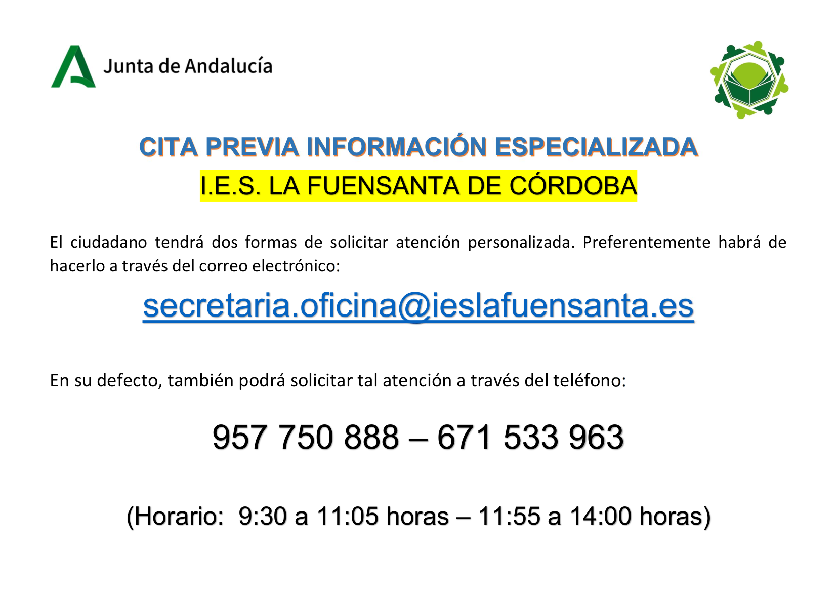 CITA PREVIA INFORMACIÓN ESPECIALIZADA IES LA FUENSANTA